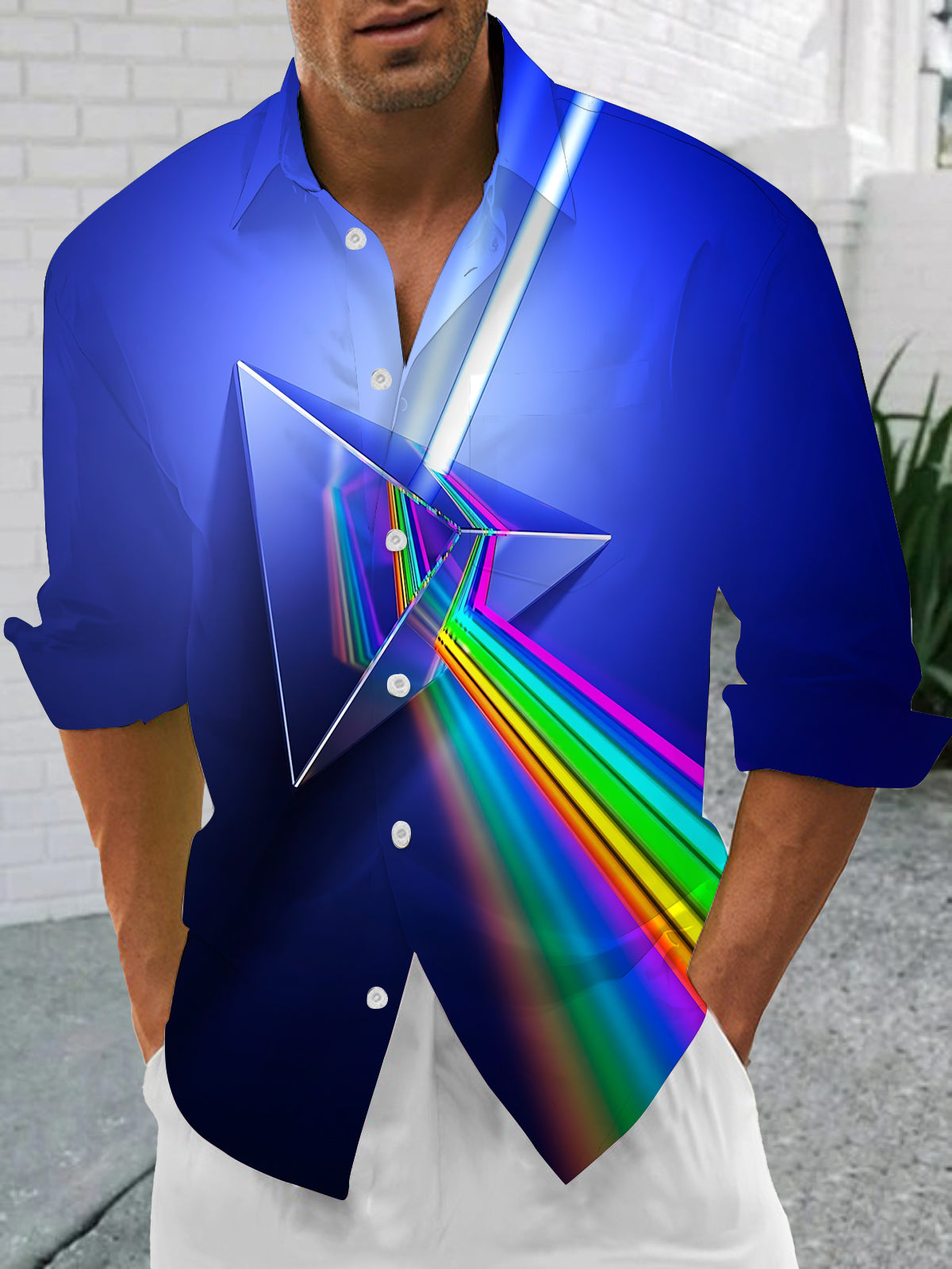 Rainbow Geometric Print Men's Pocket Long Sleeve Shirts