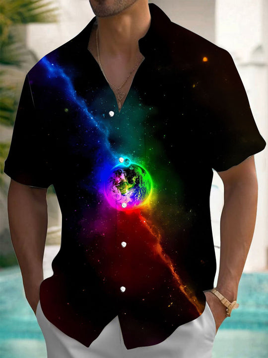 Men's Earth Print Pocket Short Sleeve Shirts front view