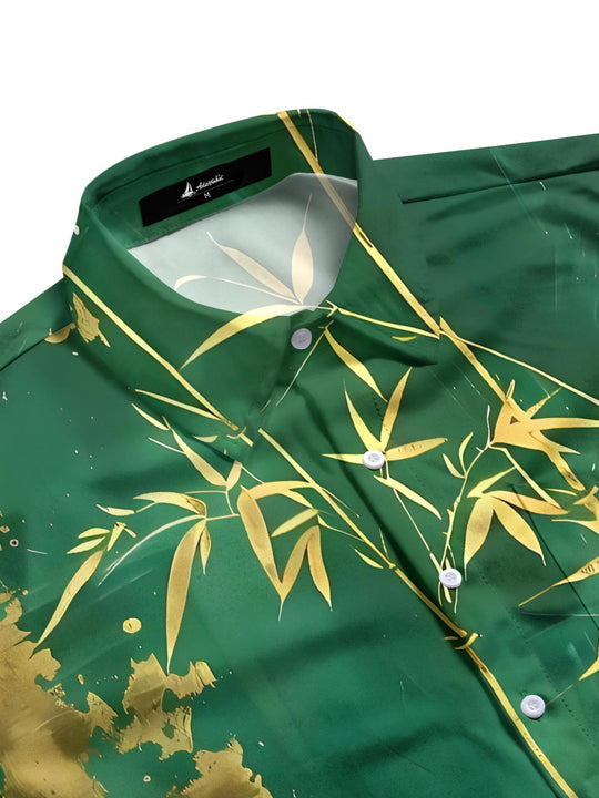 Men's bamboo print short sleeve shirt flat lay pattern detail