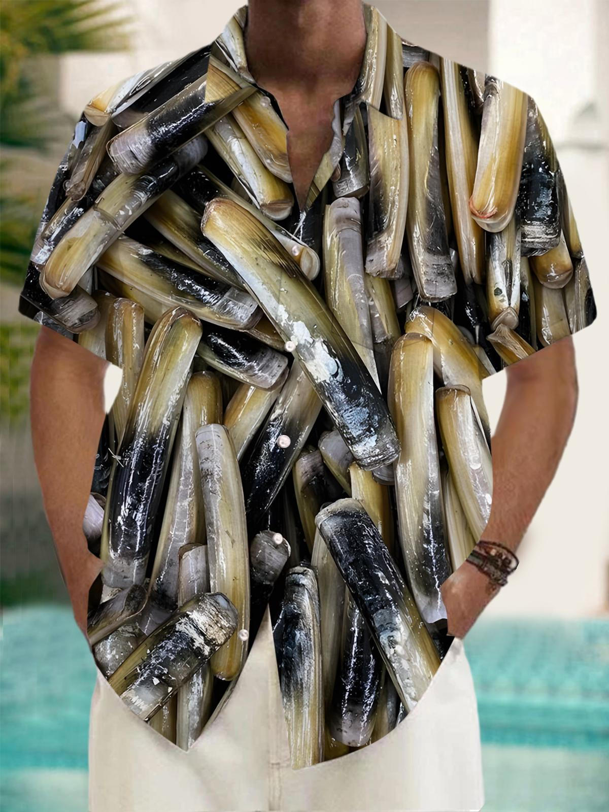 Seafood Razor Clam Print Men's Pocket Short Sleeve Shirts