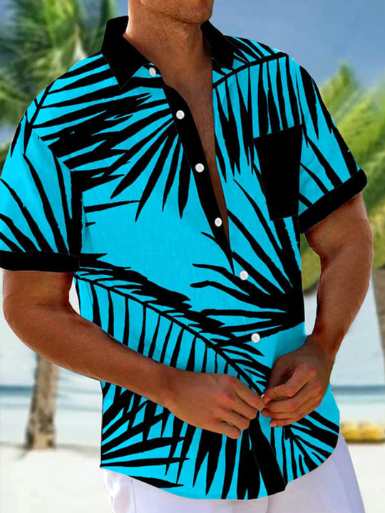 Men's Hawaiian leaf short sleeve shirt with pocket front view for tropical beach vacation