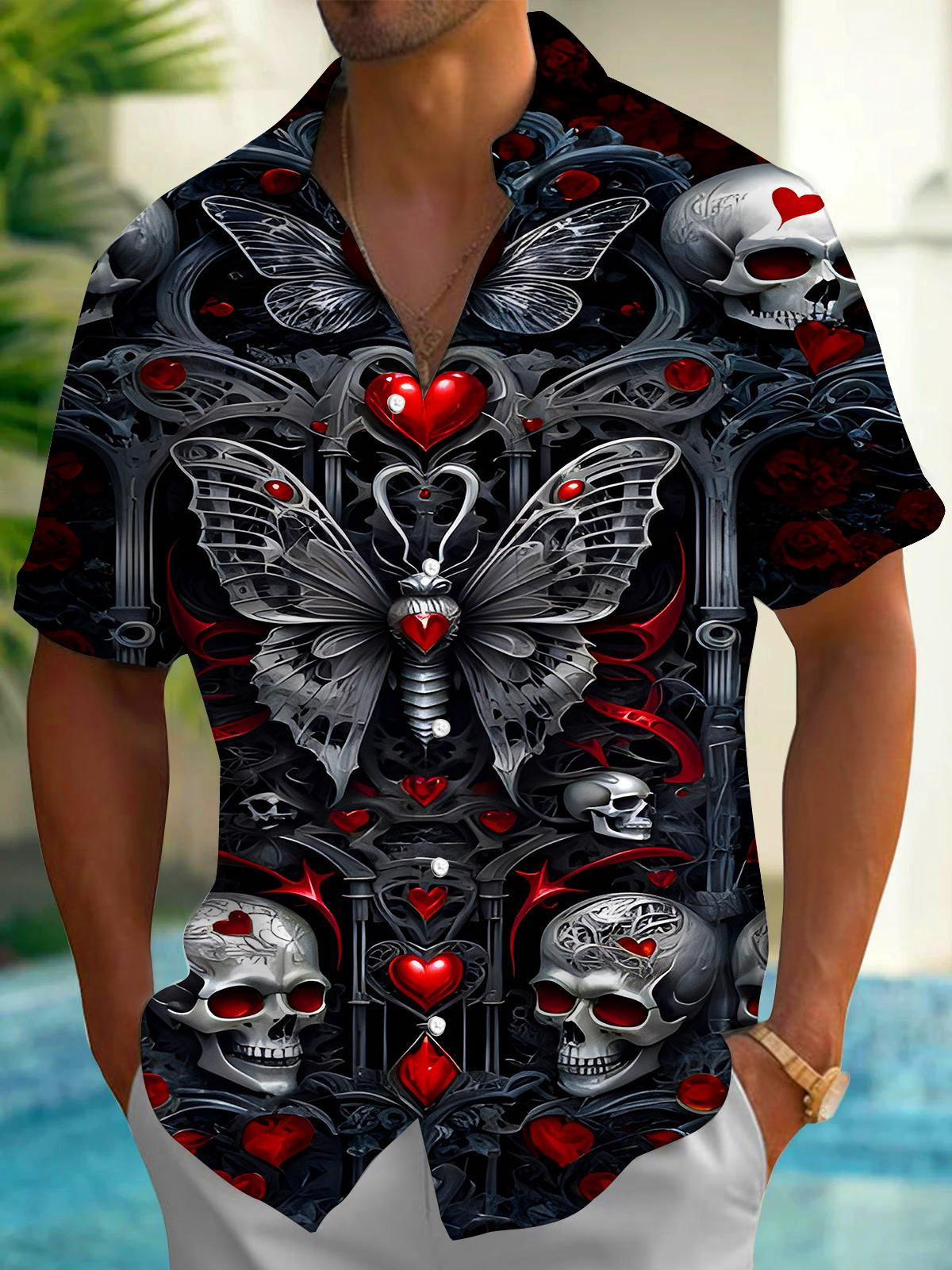 Butterfly Skull Men's Pocket Short Sleeve Shirts