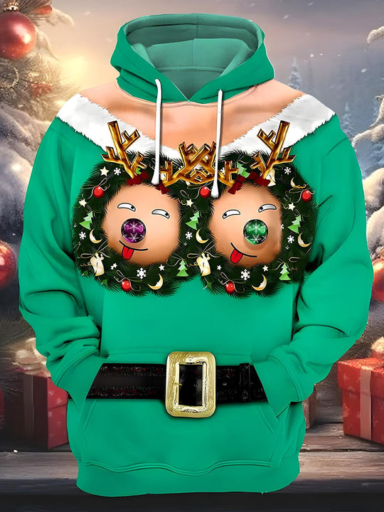 Men's funny Christmas graphic long sleeve pullover hoodie front view for holiday party
