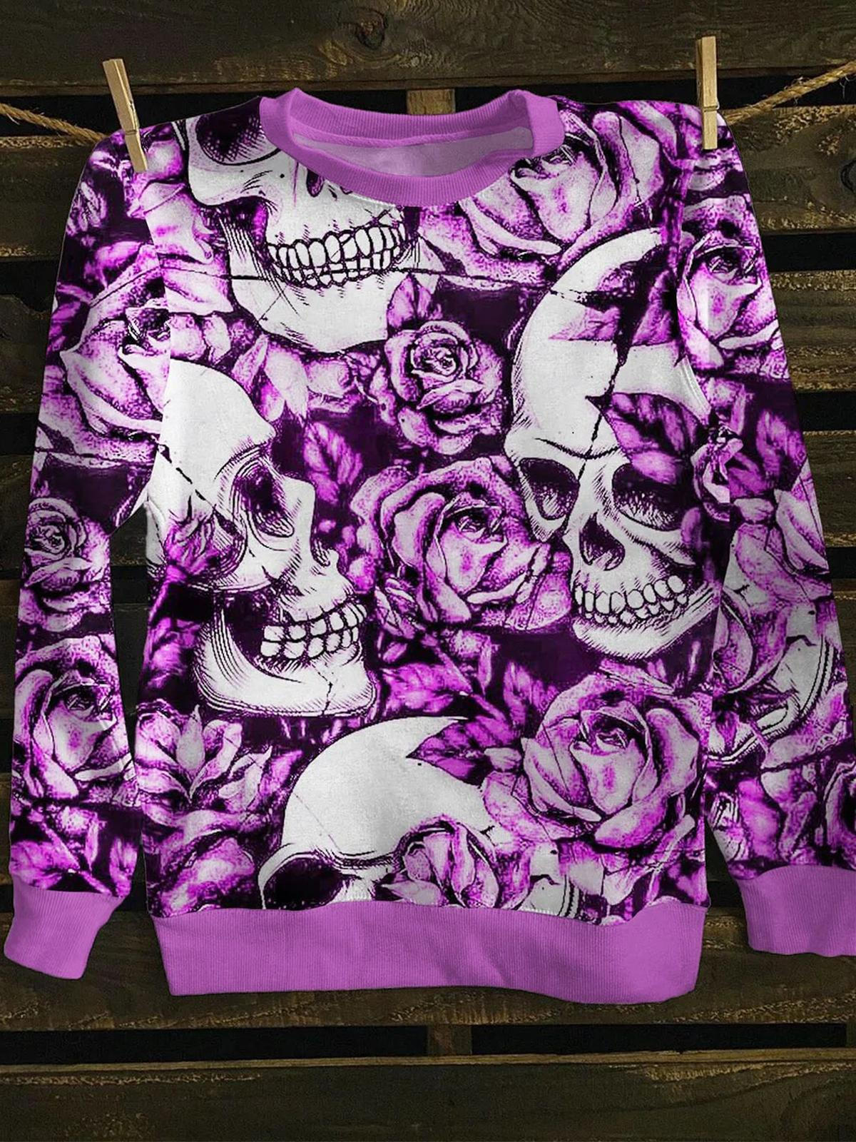 Skull Flower Round Neck Long Sleeve Men's Top