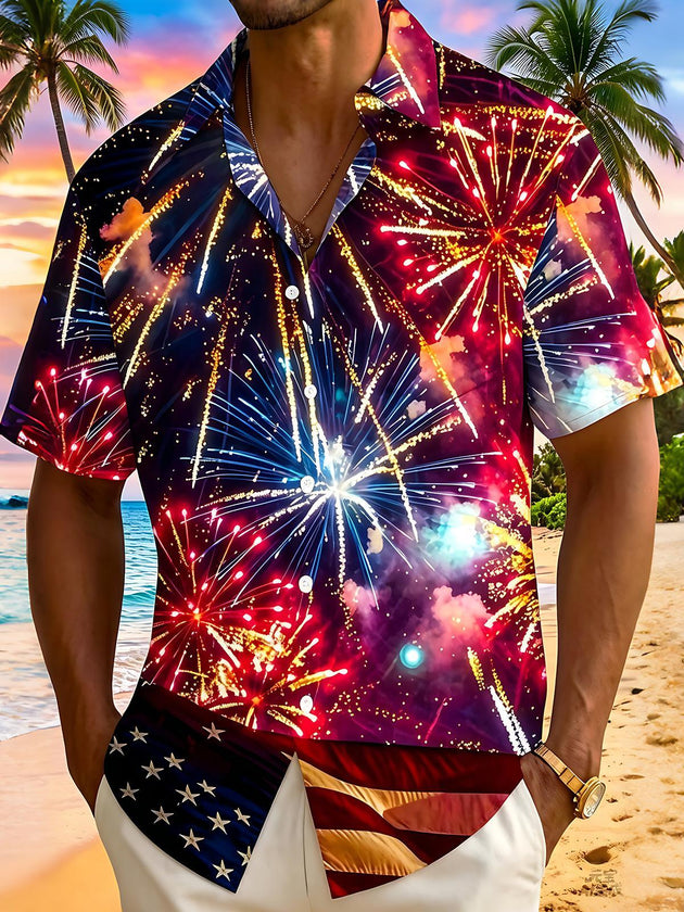 America Independence Day Colorful Fireworks Flag Men's Pocket Short Sleeve Shirts