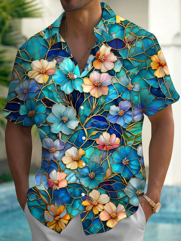Men's floral short sleeve Hawaiian shirt front view for tropical beach vacation