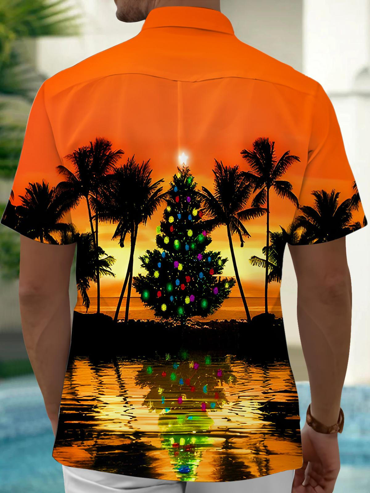 Sunset Coconut Tree Christmas Tree Xmas Men's Pocket Short Sleeve Shirts
