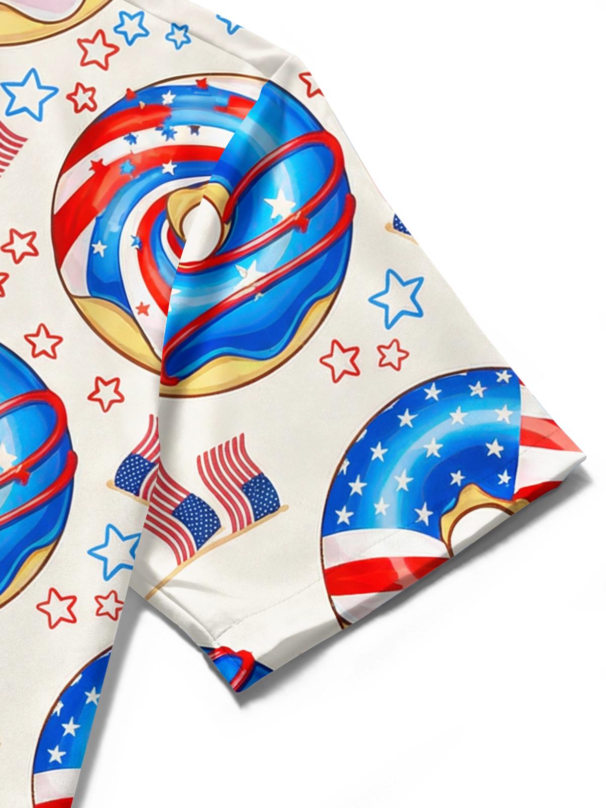 Men's American flag donut print pocket short sleeve shirt close-up fabric detail