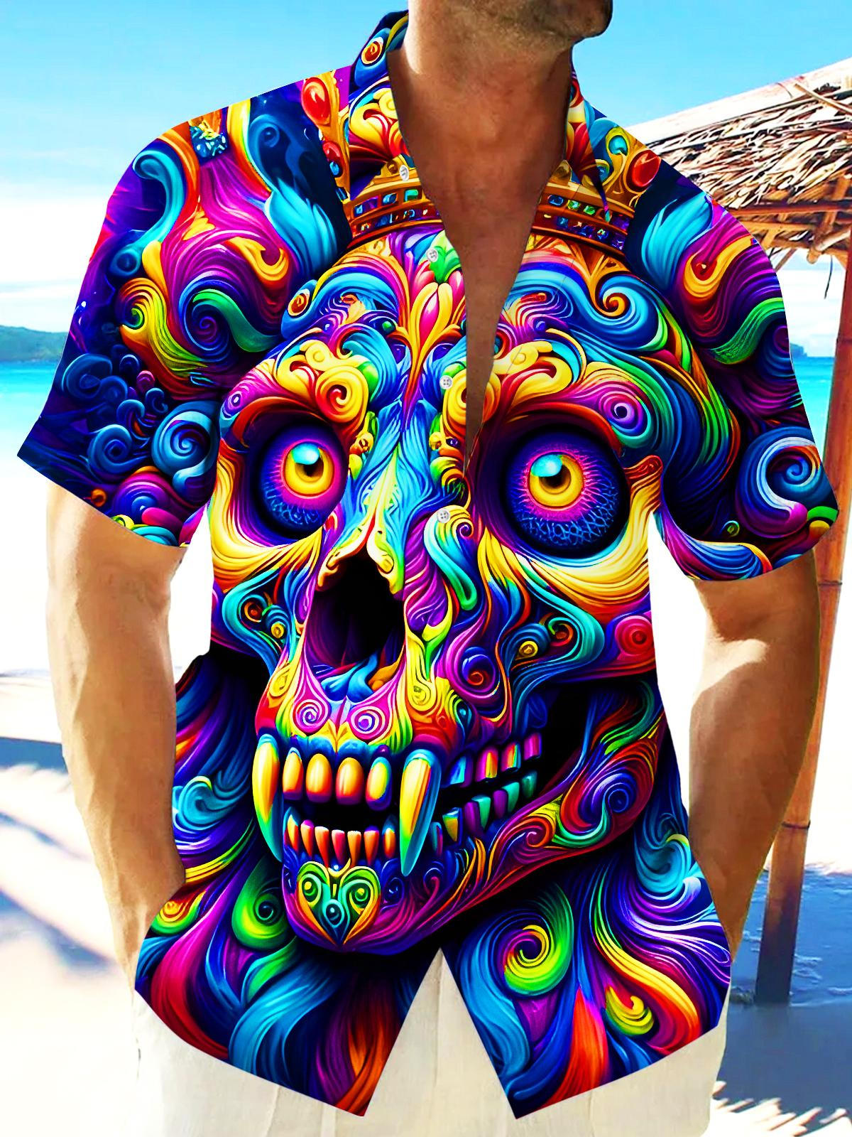 Funny Colorful Skull Swirl Halloween Men's Pocket Short Sleeve Shirts