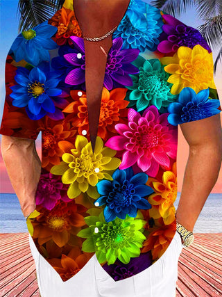 Men's colorful floral short sleeve shirt front view tropical beach vacation