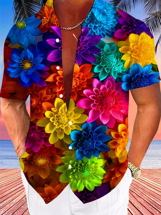 Men's colorful floral short sleeve shirt front view tropical beach vacation