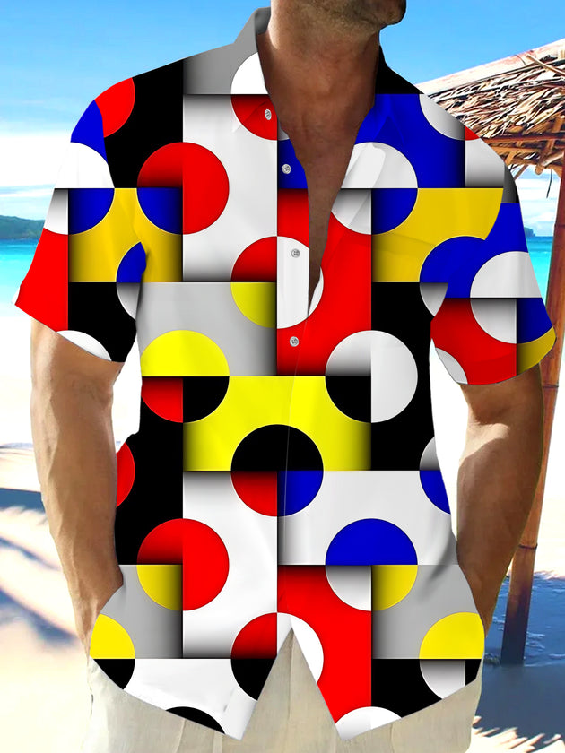 Men's geometric print pocket short sleeve shirt front view