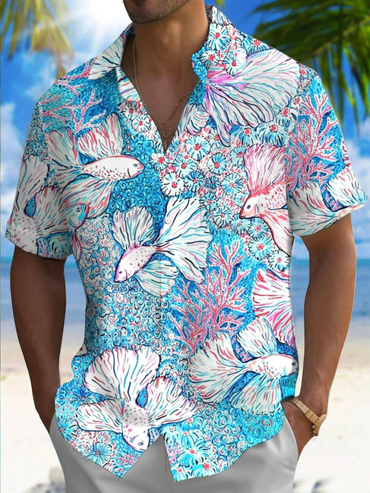 men's Hawaiian shirt front view tropical beach vacation