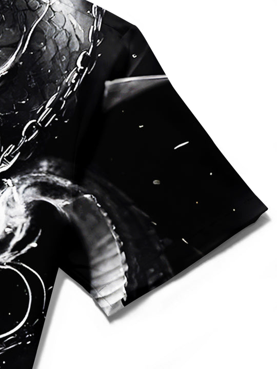 men's dragon print shirt close-up short sleeve