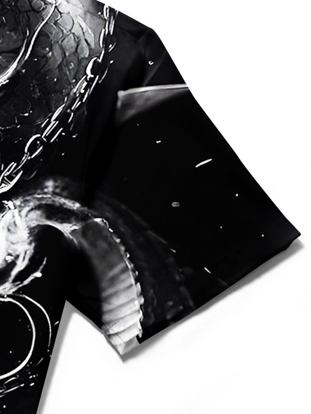men's dragon print shirt close-up short sleeve