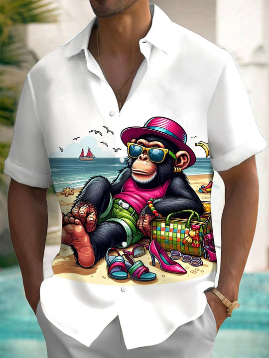 Men's Hawaiian monkey print short sleeve shirt front view for beach vacation