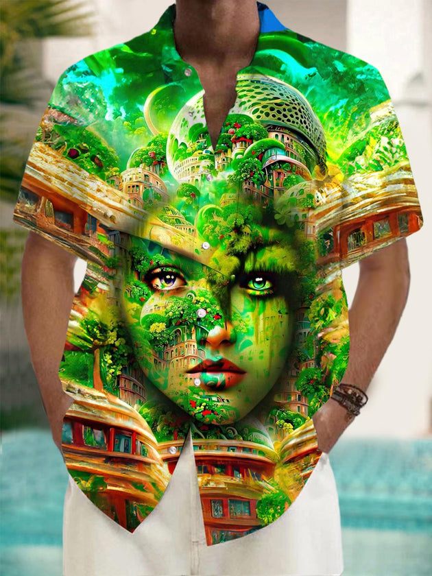 Men's face art print short sleeve shirt front view