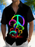 Mushroom Peace Sign Print Men's Pocket Short Sleeve Shirts