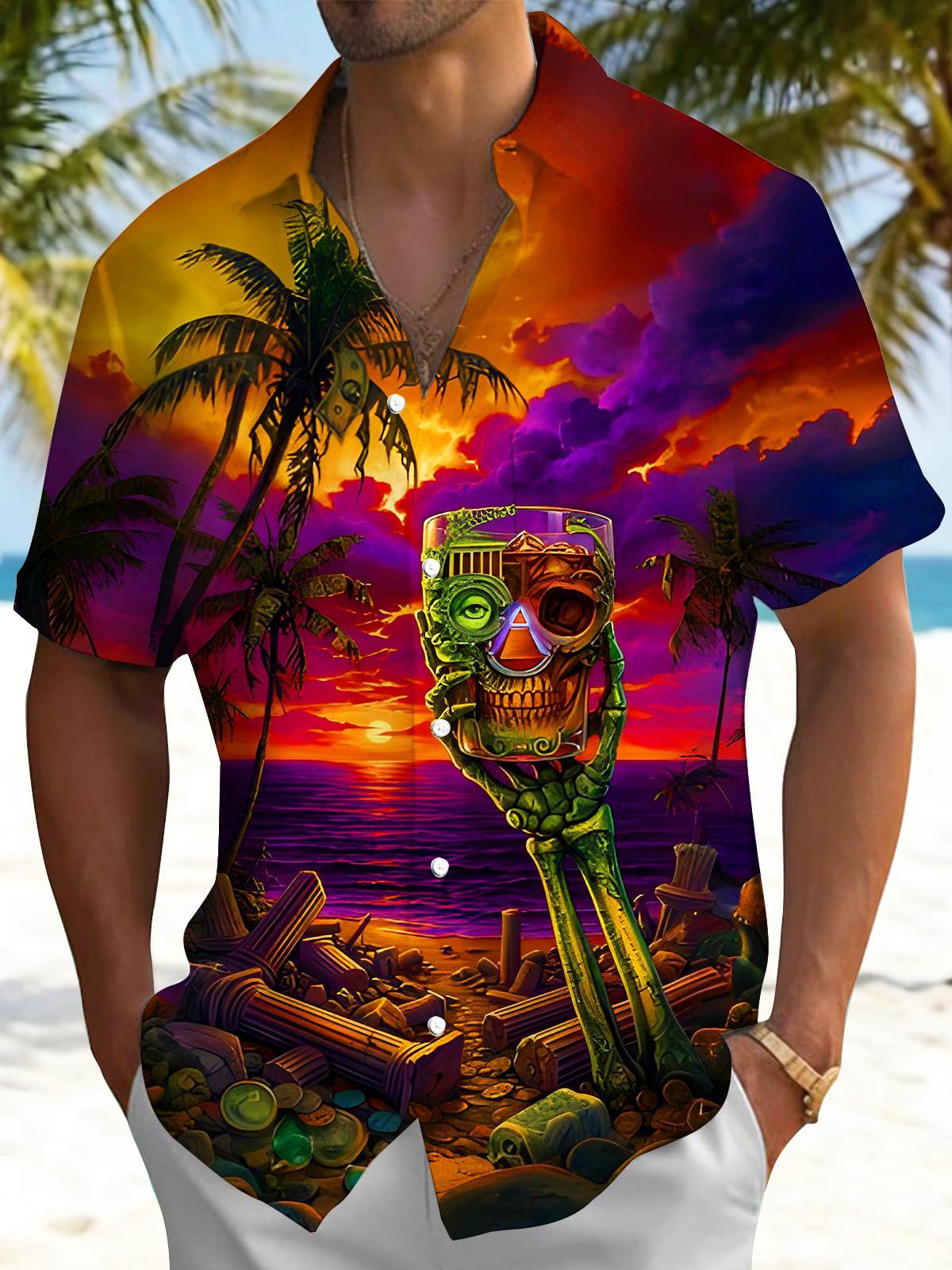 Men's dark Hawaiian skull print short sleeve shirt front view for beach vacation