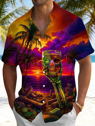 Men's dark Hawaiian skull print short sleeve shirt front view for beach vacation