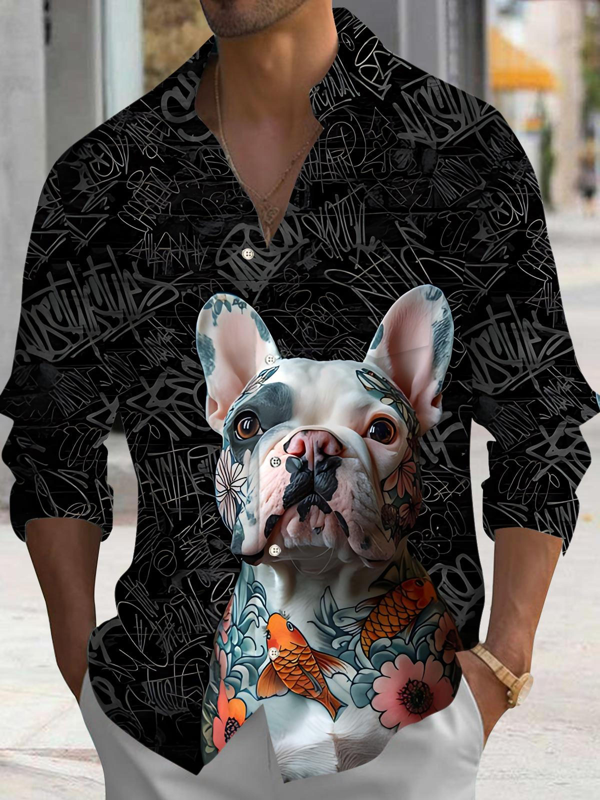Animal Dog Print Men's Pocket Long Sleeve Shirts