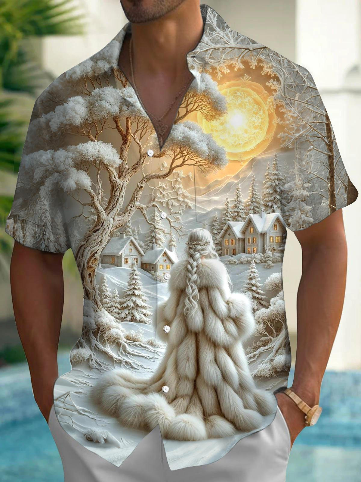 Winter Landscape Art Print Men's Pocket Short Sleeve Shirts