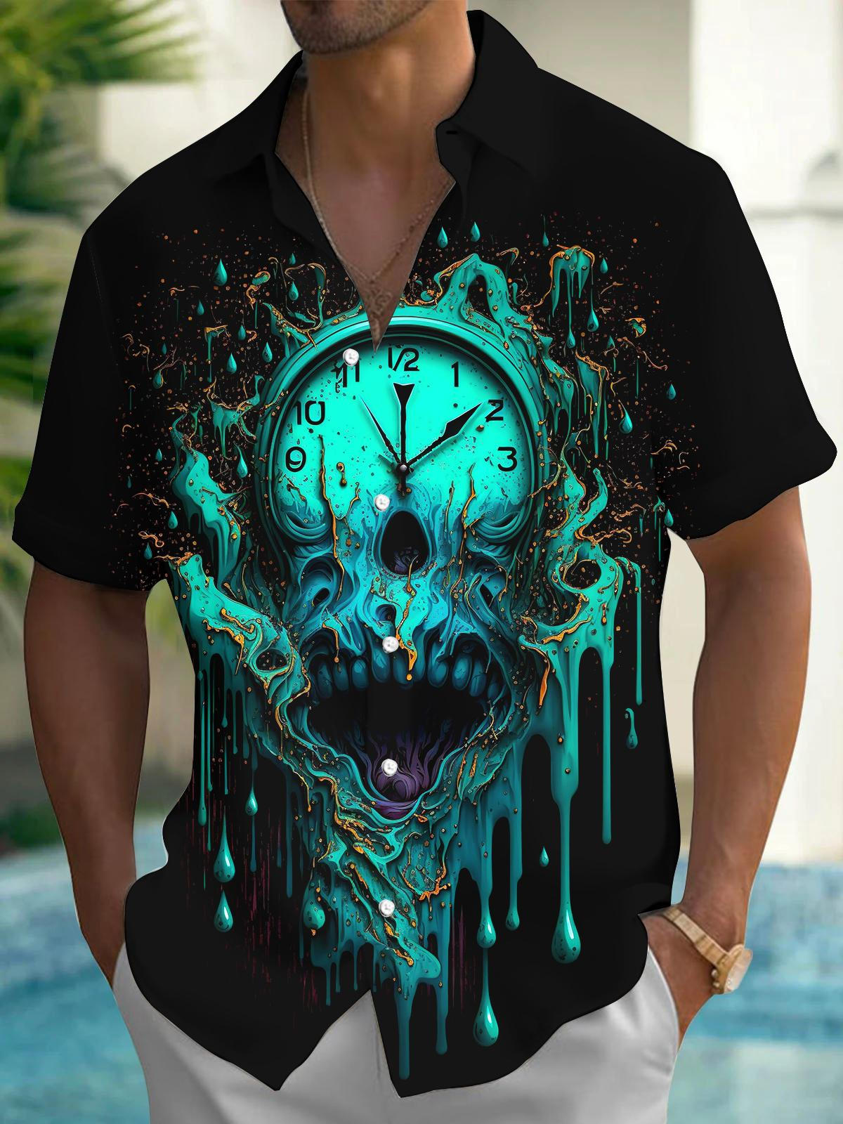 Clock Skull Men's Pocket Short Sleeve Shirts