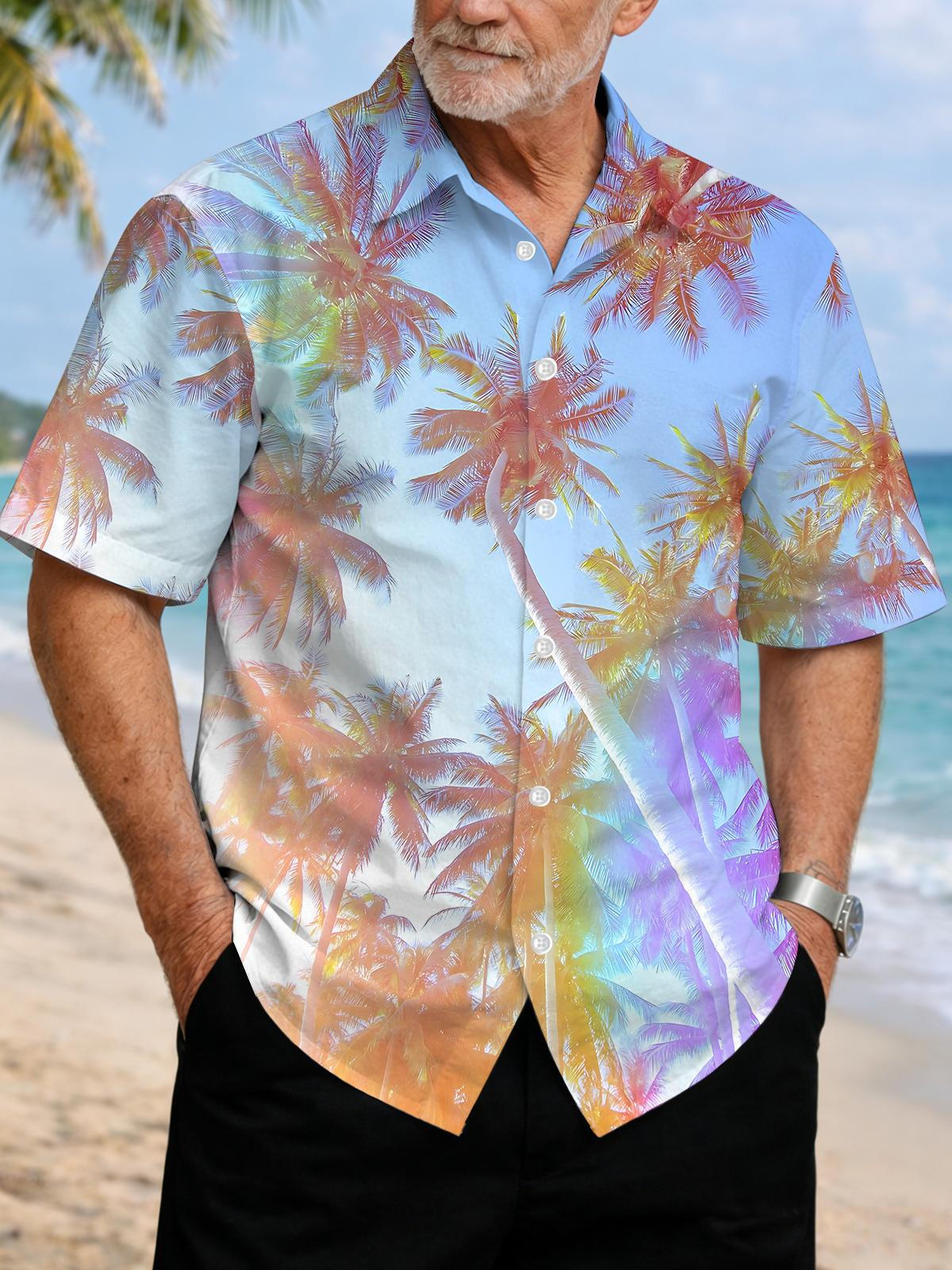Hawaiian Palm Tree Print Men's Pocket Short Sleeve Shirts