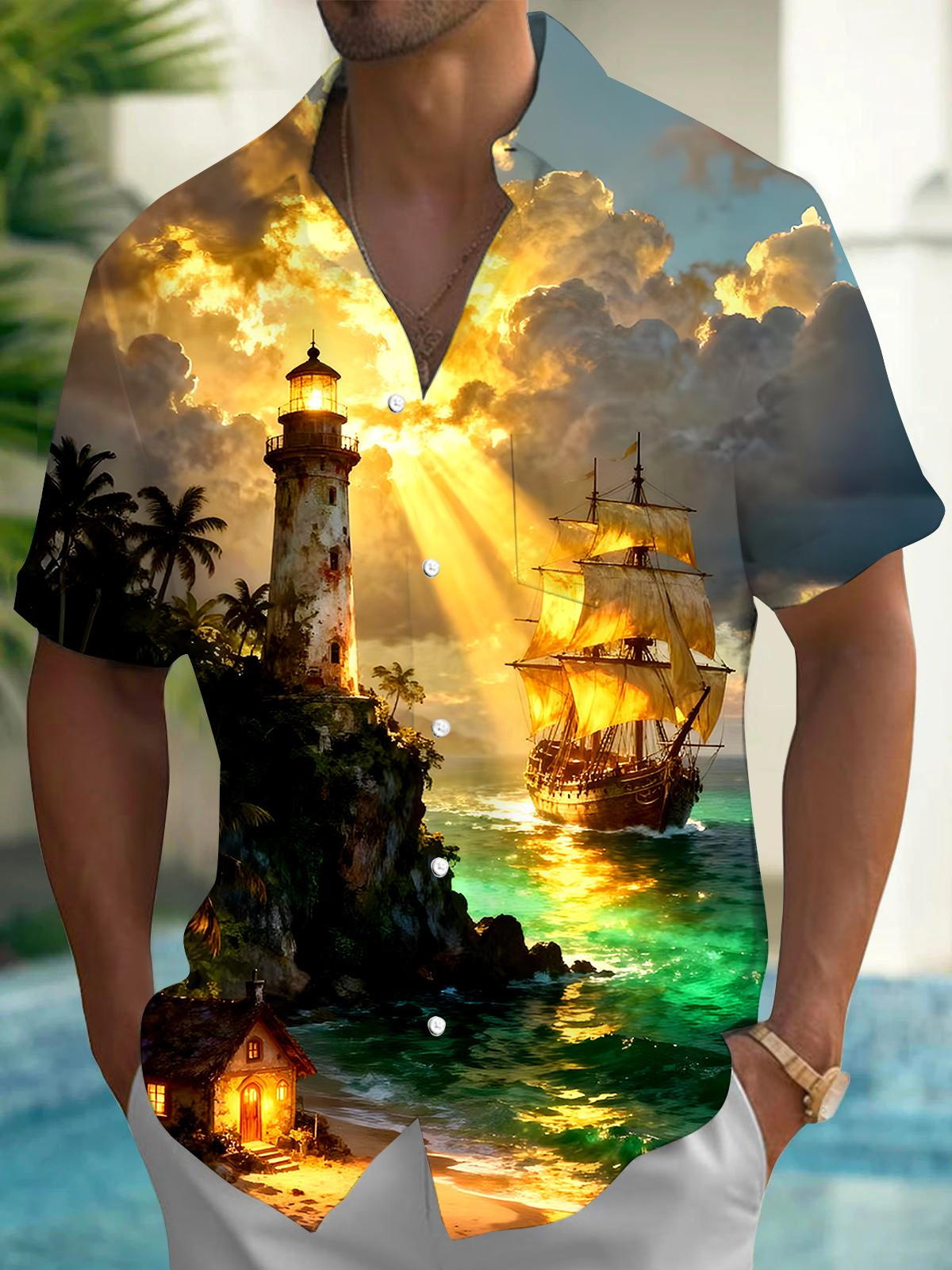 Hawaiian Lighthouse Boat Men's Pocket Short Sleeve Shirts