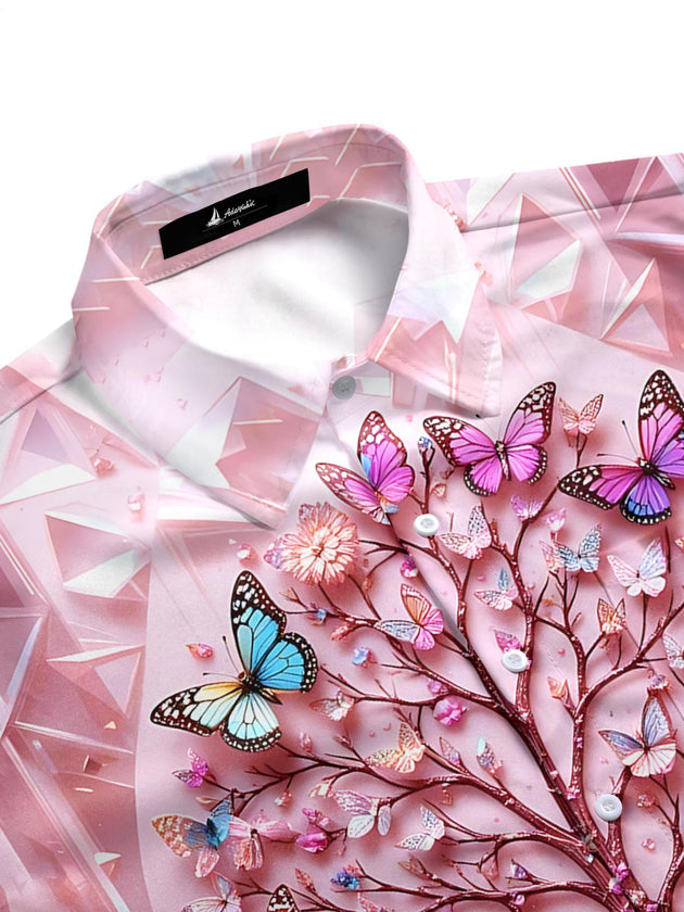 Men's side view short sleeve shirt with butterfly tree print