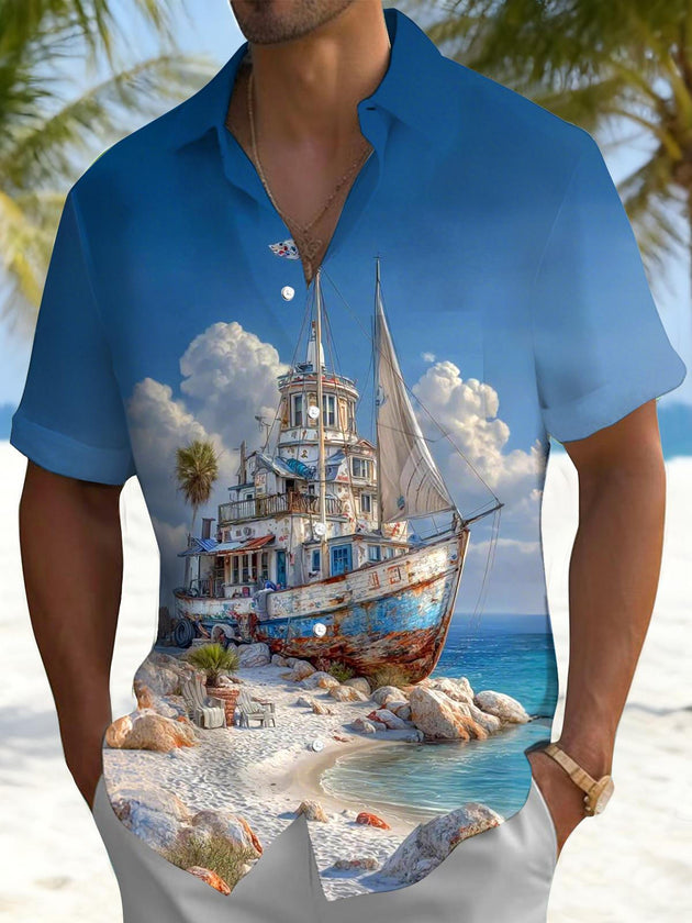 Men's blue beach boat print short sleeve shirt front view for beach vacation
