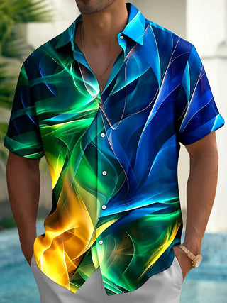 Adaychic Men's Graphic Abstract Swirl Gradient Print Short Sleeve Button Down Shirt with Chest Pocket