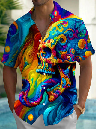 Men's colorful abstract skull print short sleeve shirt front view Halloween costume