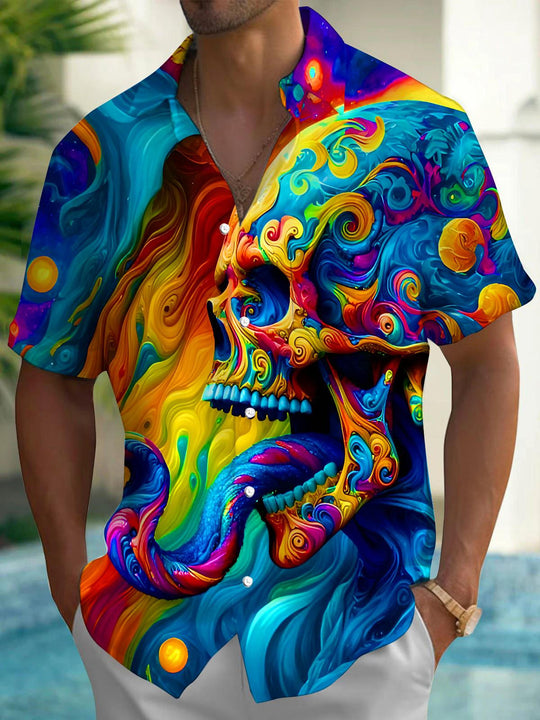 Men's colorful abstract skull print short sleeve shirt front view Halloween costume