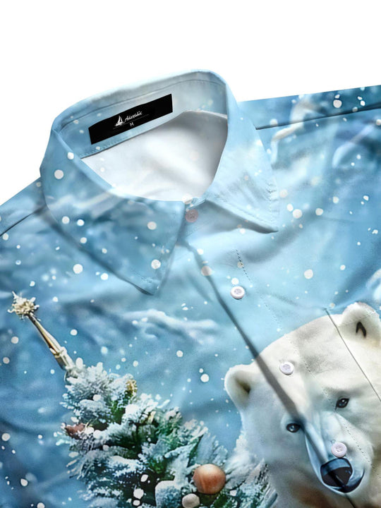 Men's festive polar bear print short sleeve shirt side view
