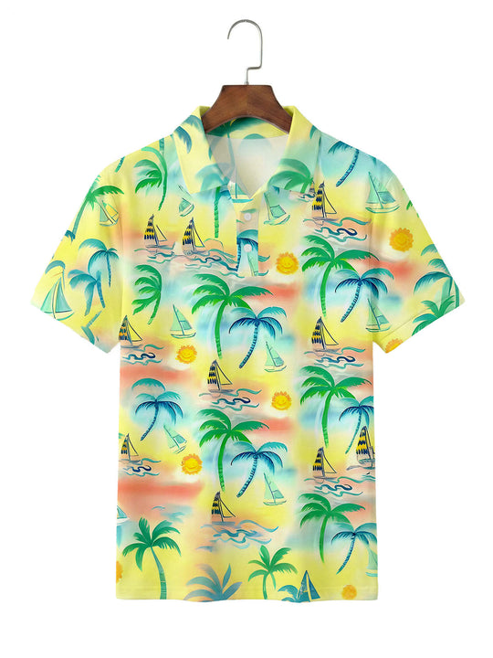 Men's Hawaiian short sleeve polo shirt front view for tropical beach vacation