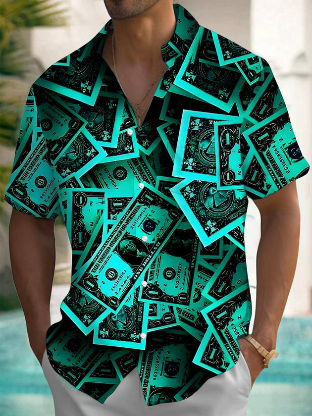 Men's short sleeve pocket shirt front view with dollar print pattern