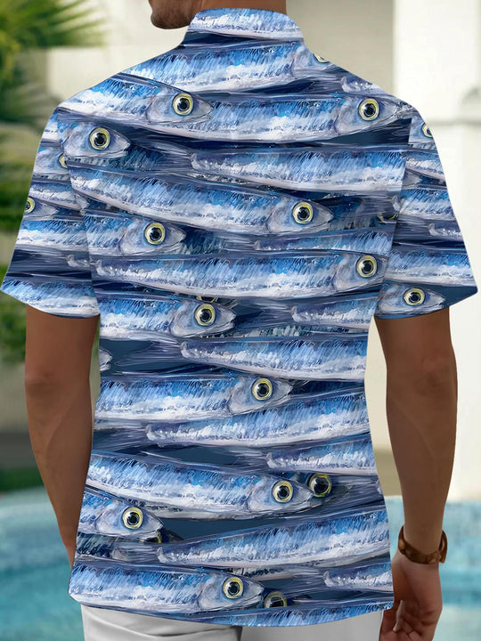 Men's blue fish print short sleeve shirt back view