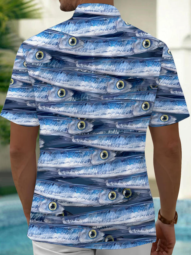 Men's blue fish print short sleeve shirt back view