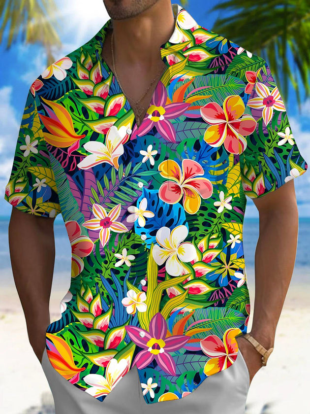 Men's Hawaiian floral short sleeve shirt front view for tropical beach vacation