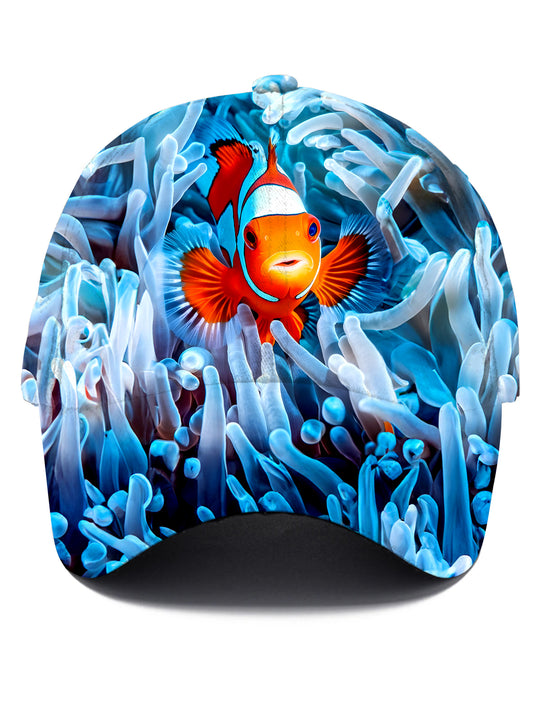 Men's Fish Print Baseball Cap Front View for Tropical Beach Vacation