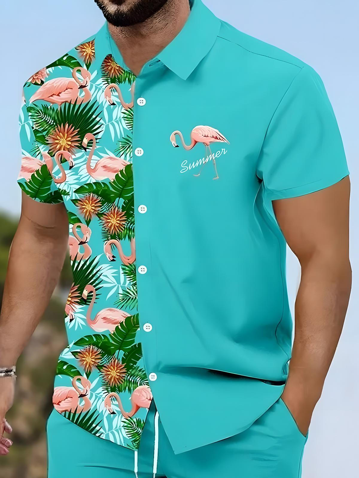 Hawaiian Flamingo Floral Print Men's Short Sleeve Shirts