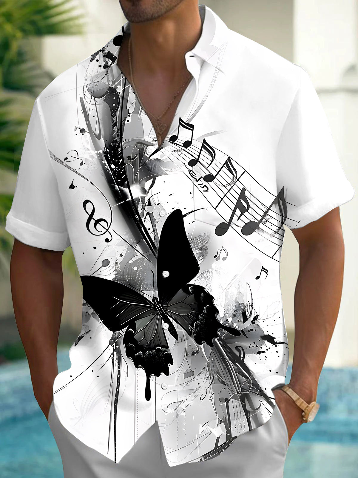 Musical Note Butterfly Men's Pocket Short Sleeve Shirts