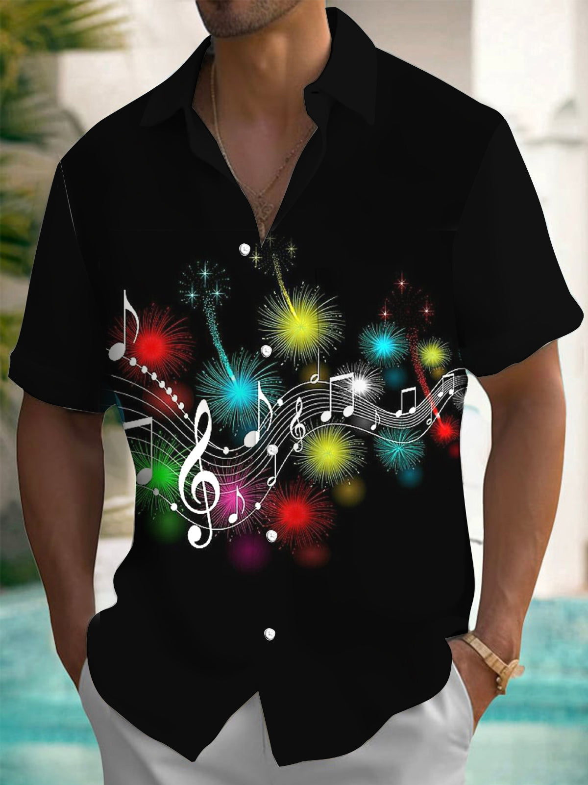 Music Note Print Men's Pocket Short Sleeve Shirts