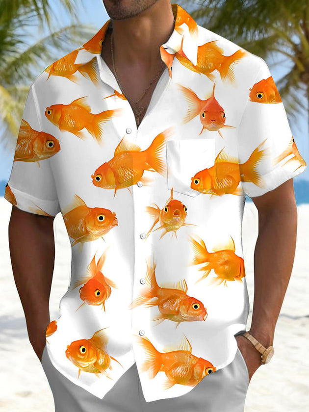 Men's short sleeve shirt with goldfish print, front view