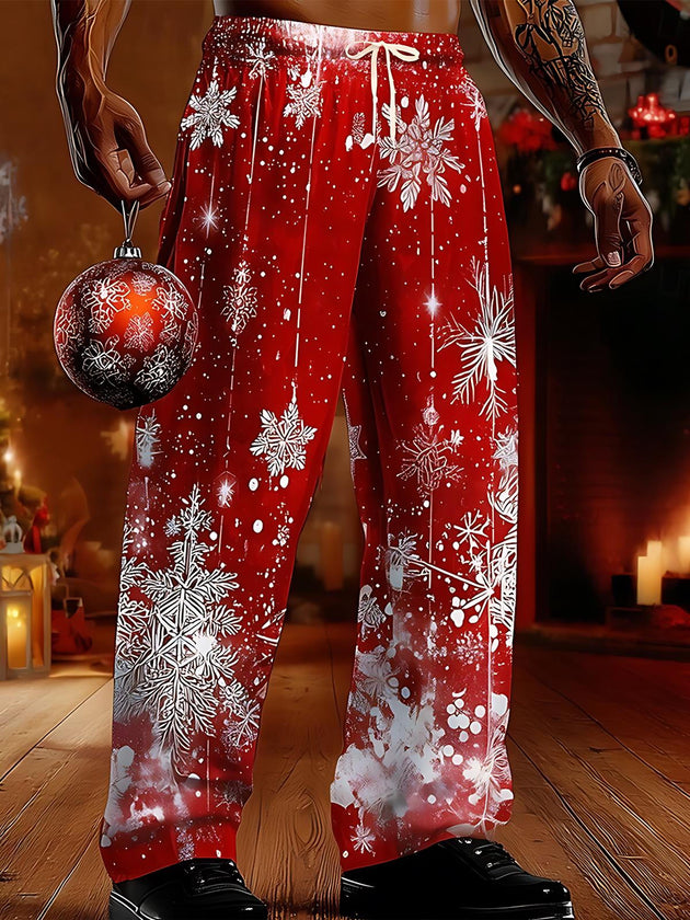 Men's Christmas snowflake print casual elastic waist pants front view for holiday party