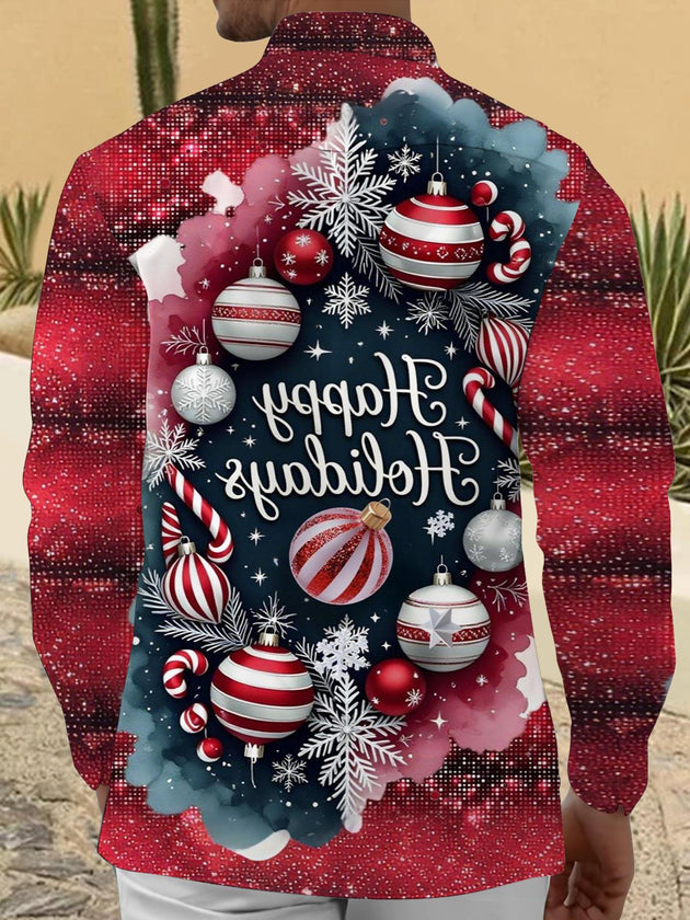 Men's Christmas print pocket long sleeve shirt back view