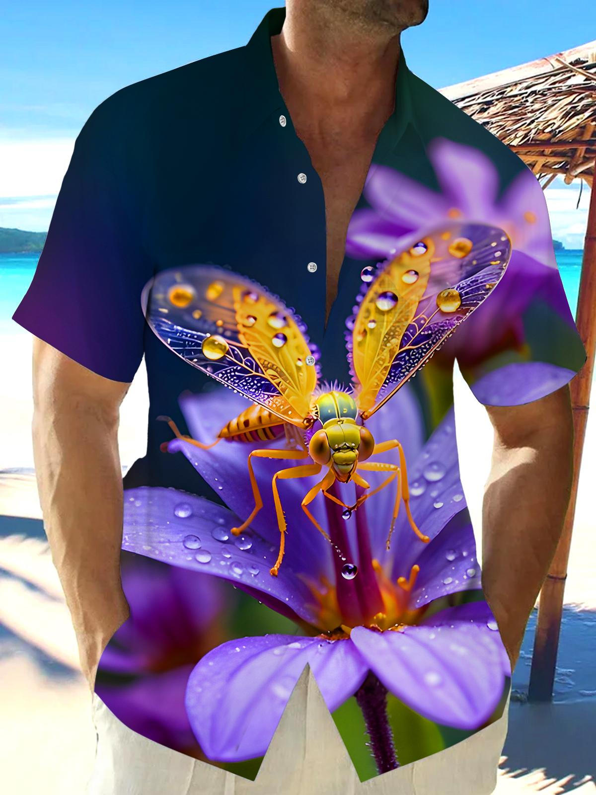 Funny Colorful Insect Purple Flower Men's Pocket Short Sleeve Shirts
