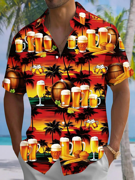 Hawaiian Coconut Tree Beer Men's Pocket Short Sleeve Shirts