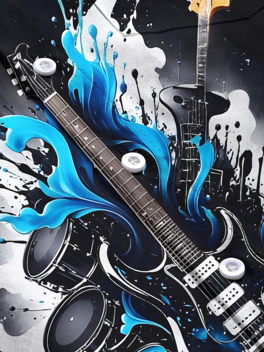 Men's guitar print short sleeve shirt flat lay